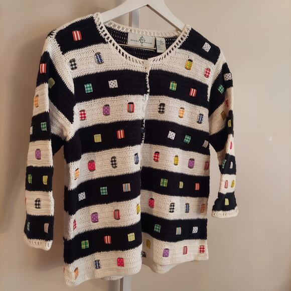 Design Options Knit Novelty Sweater Cardigan Small Ribon Detail Cottage Stripe - Picture 2 of 9